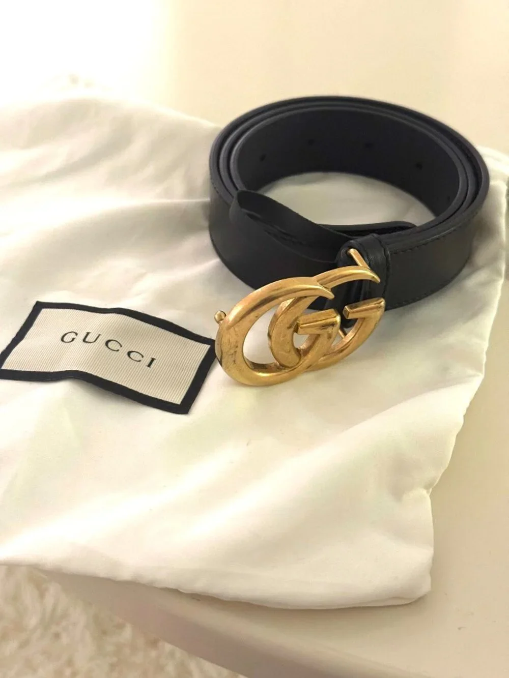 Gucci GG Marmont Double G Black Leather Belt Antique Gold Buckle Unisex